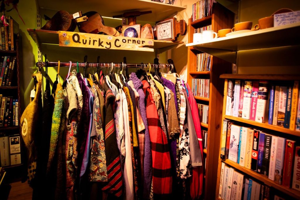 The Quirky Corner clothes rack in the Skanda Vale Hospice Charity Shop.
